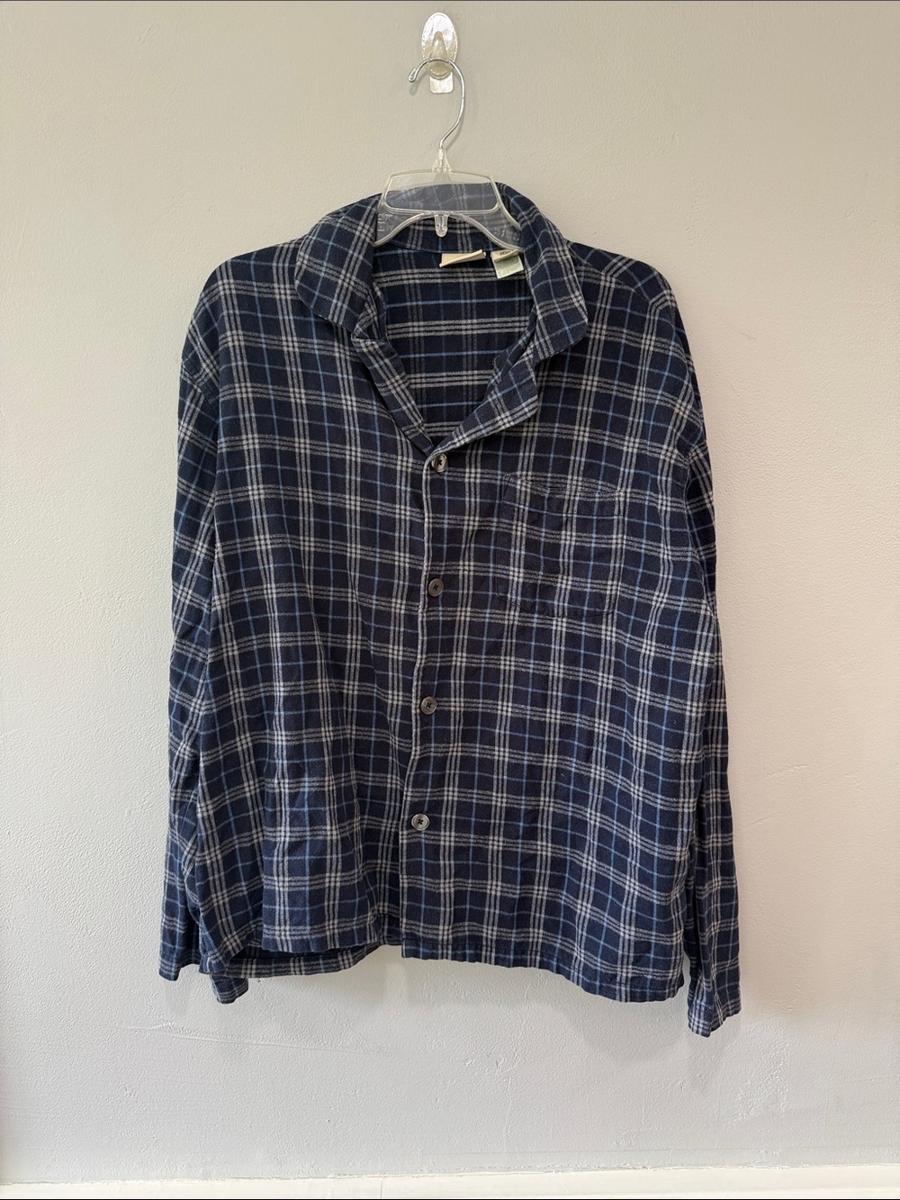 L.L. Bean Men's Navy and White Plaid Button-Down Pajama Shirt 100% cotton large